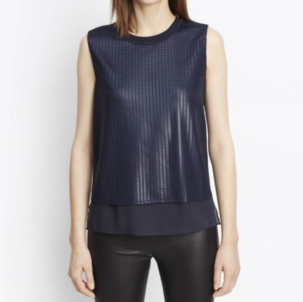 Sale🔥VINCE ] Navy Lattice Overlay Mesh Tank